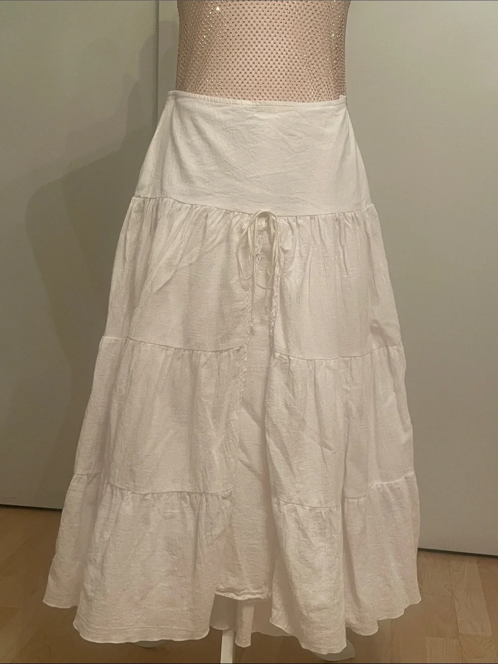 White Tiered Midi Skirt with Drawstring Waist
